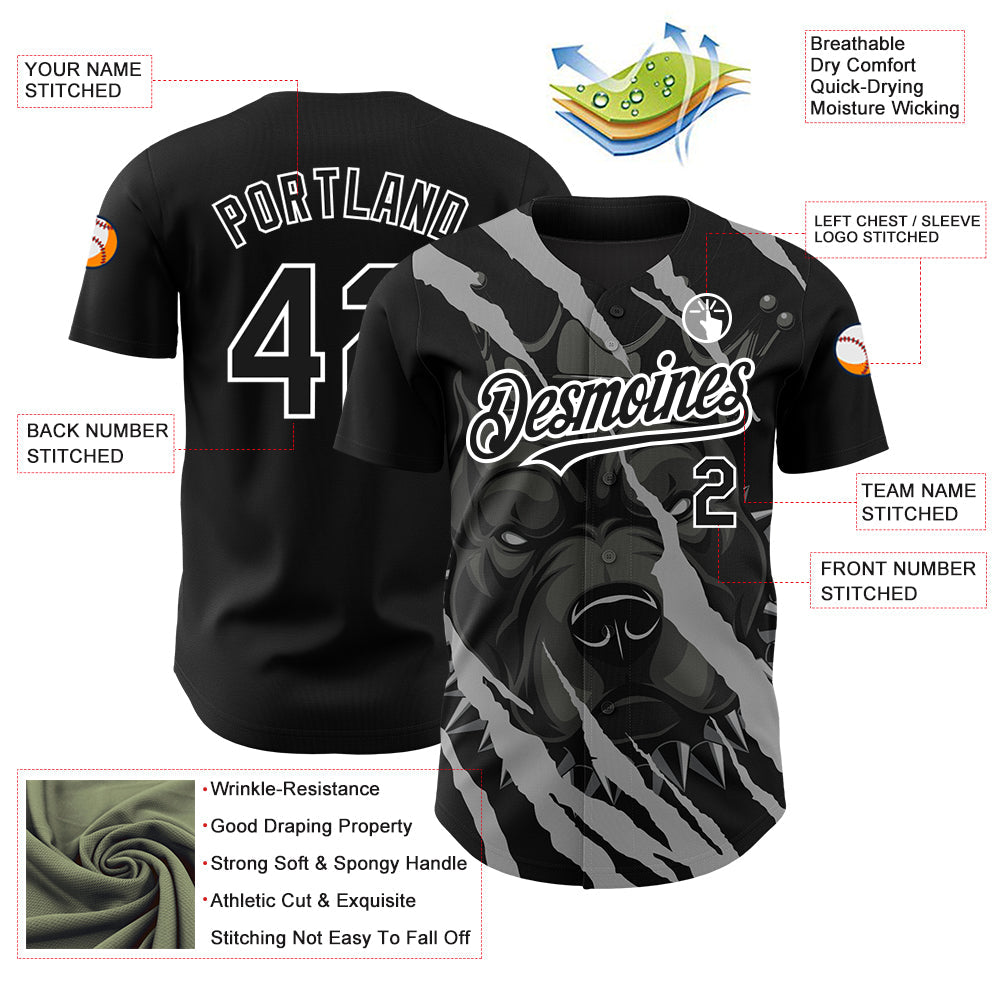 Custom Black White 3D Pattern Design Animal Pitbull Dog Authentic Baseball Jersey - Sky-Custom