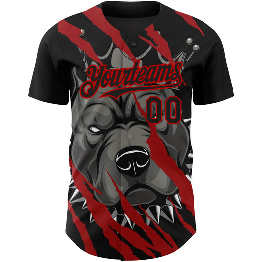 Custom Black Red 3D Pattern Design Animal Pitbull Dog Authentic Baseball Jersey - Sky-Custom
