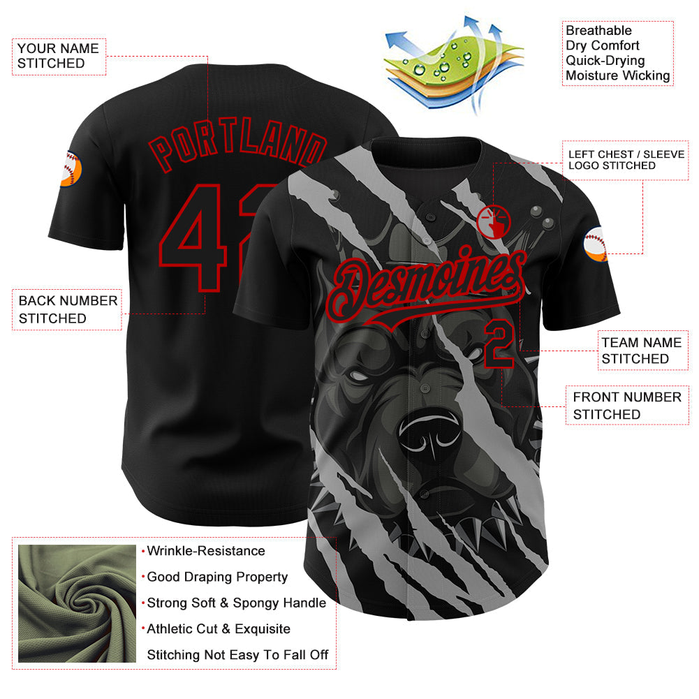 Custom Black Red 3D Pattern Design Animal Pitbull Dog Authentic Baseball Jersey - Sky-Custom