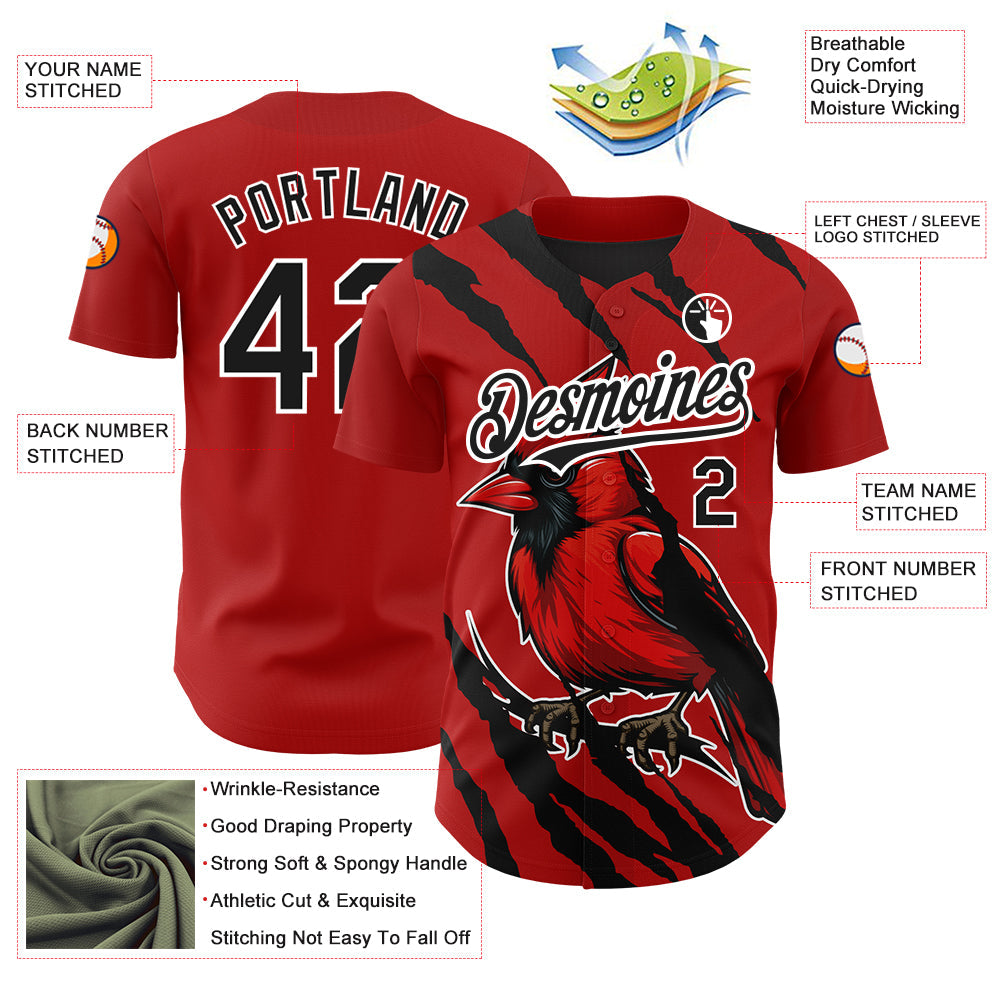 Custom Red Black-White 3D Pattern Design Animal Cardinal Bird Authentic Baseball Jersey - Sky-Custom