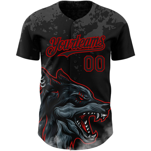 Custom Black Red 3D Pattern Design Animal Wolf Authentic Baseball Jersey - Sky-Custom
