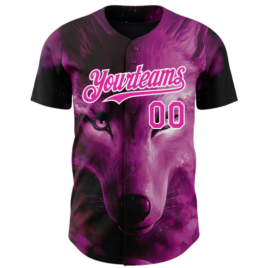 Custom Pink White 3D Pattern Design Animal Wolf Authentic Baseball Jersey - Sky-Custom