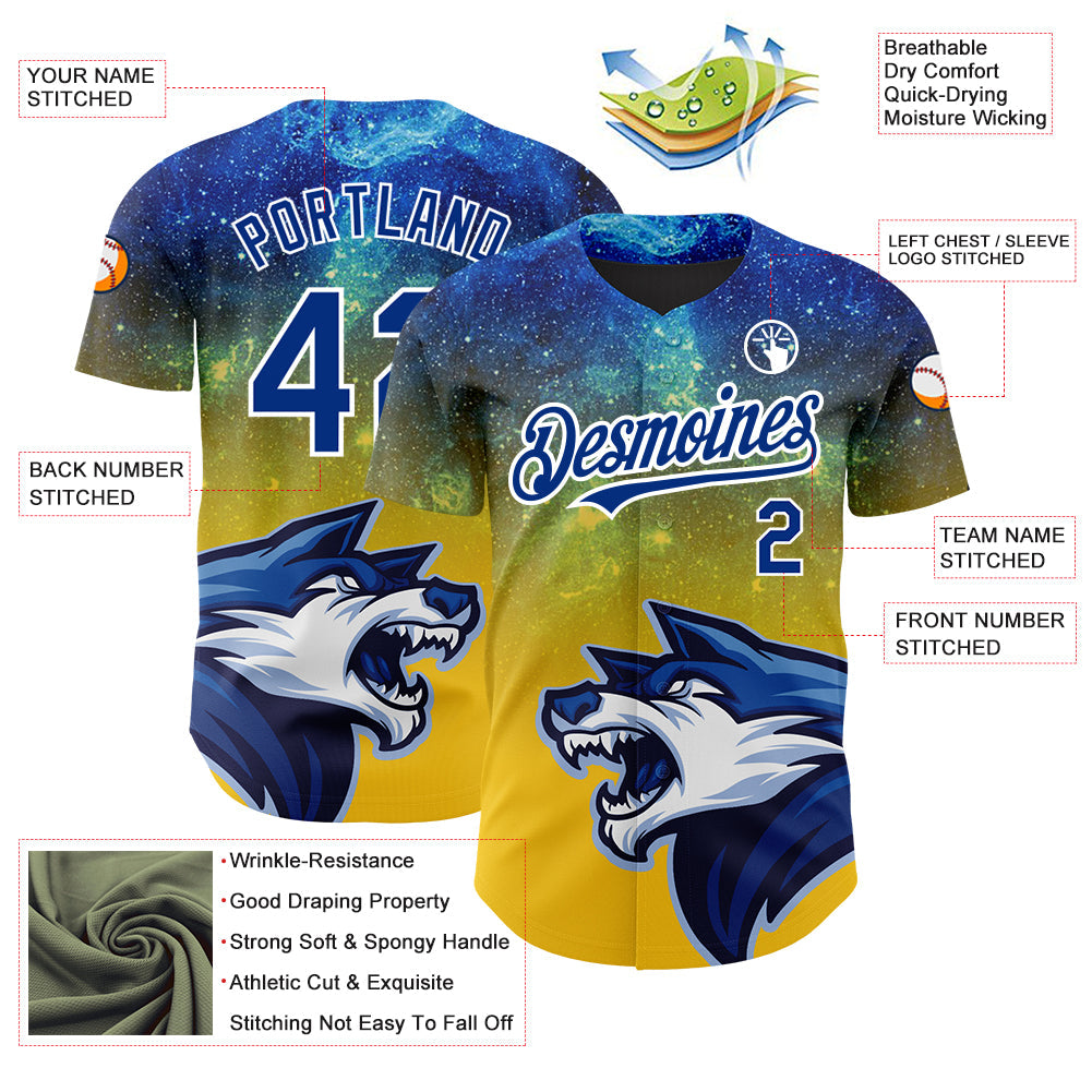 Custom Yellow Royal-White 3D Pattern Design Animal Wolf Authentic Baseball Jersey - Sky-Custom
