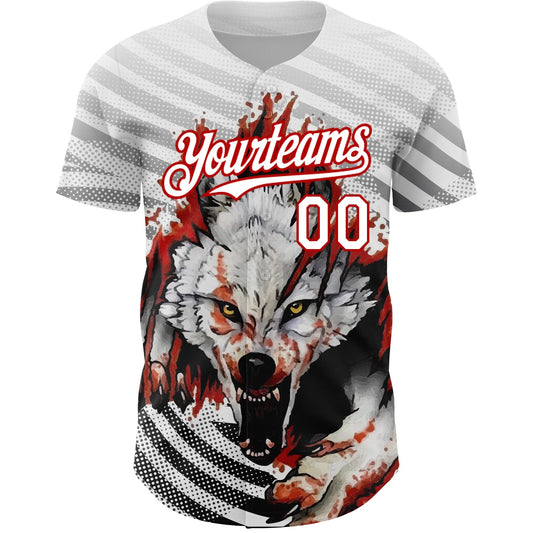 Custom White Red 3D Pattern Design Animal Wolf Authentic Baseball Jersey - Sky-Custom