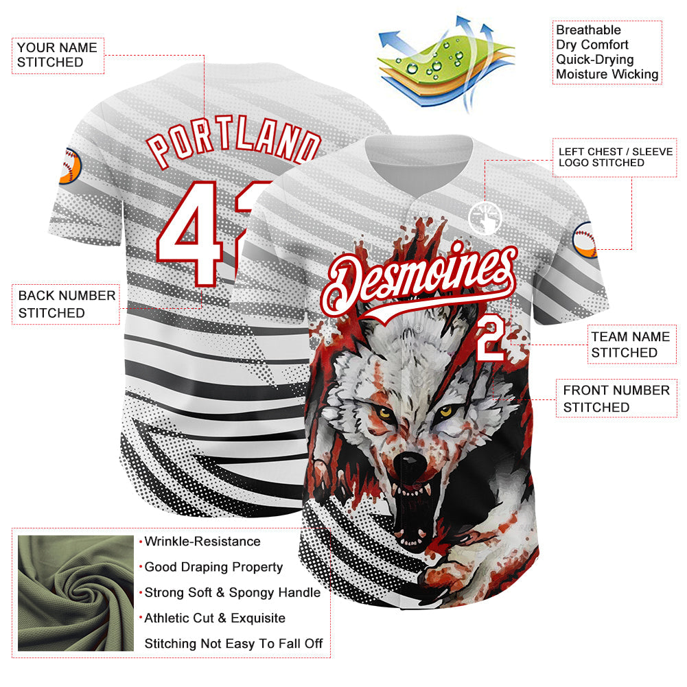 Custom White Red 3D Pattern Design Animal Wolf Authentic Baseball Jersey - Sky-Custom