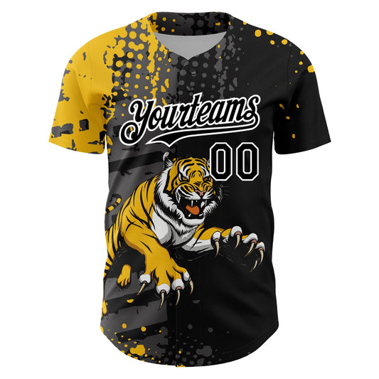 Custom Black Yellow-White 3D Pattern Design Animal Tiger Authentic Baseball Jersey - Sky-Custom