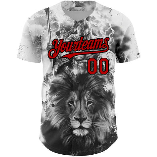 Custom White Red-Black 3D Pattern Design Animal Lion Authentic Baseball Jersey - Sky-Custom
