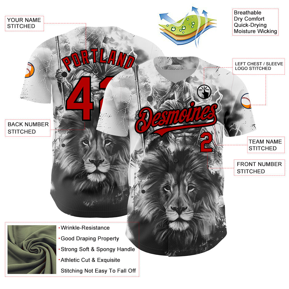 Custom White Red-Black 3D Pattern Design Animal Lion Authentic Baseball Jersey - Sky-Custom