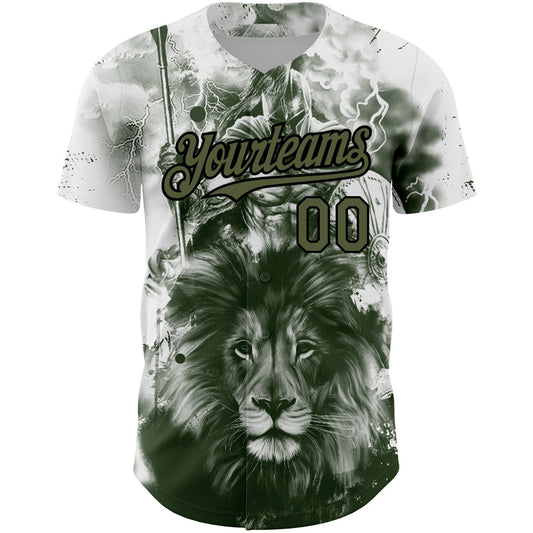 Custom White Olive-Black 3D Pattern Design Animal Lion Authentic Baseball Jersey - Sky-Custom