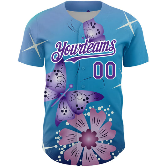Custom Light Blue Purple-White 3D Pattern Design Animal Butterfly And Flower Authentic Baseball Jersey - Sky-Custom