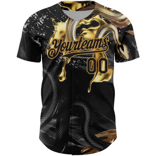 Custom Black Old Gold 3D Pattern Design Animal Snake Authentic Baseball Jersey - Sky-Custom