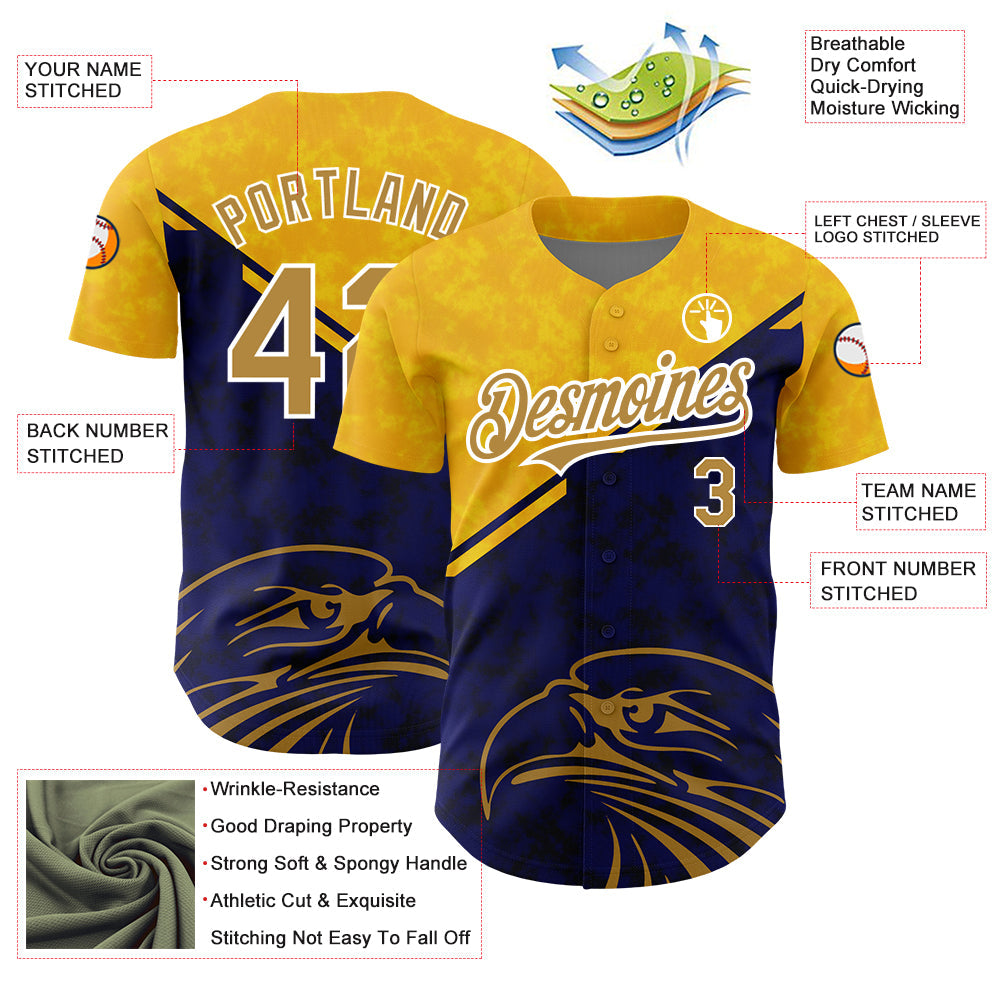 Custom Yellow Old Gold-Navy 3D Pattern Design Animal Eagle Authentic Baseball Jersey - Sky-Custom