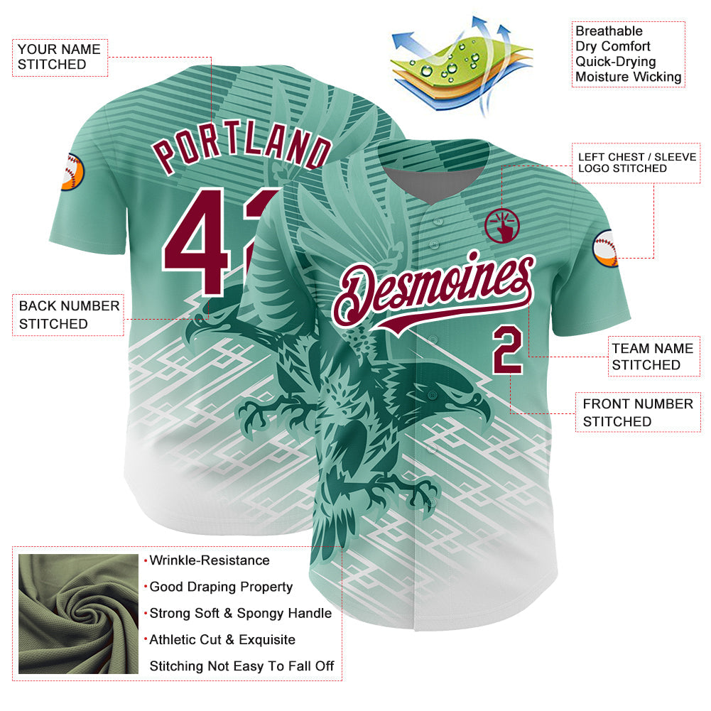 Custom Teal Crimson-White 3D Pattern Design Animal Eagle Authentic Baseball Jersey - Sky-Custom