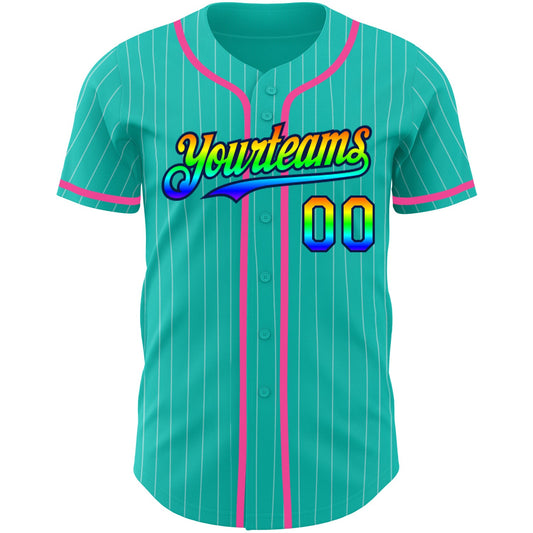 Custom Aqua White Pinstripe Rainbow Navy-Pink 3D Authentic Baseball Jersey - Sky-Custom