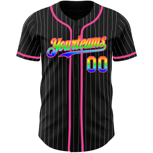 Custom Black White Pinstripe Rainbow-Pink 3D Authentic Baseball Jersey - Sky-Custom