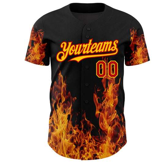 Custom Black Red-Yellow 3D Pattern Design Flame Authentic Baseball Jersey - Sky-Custom