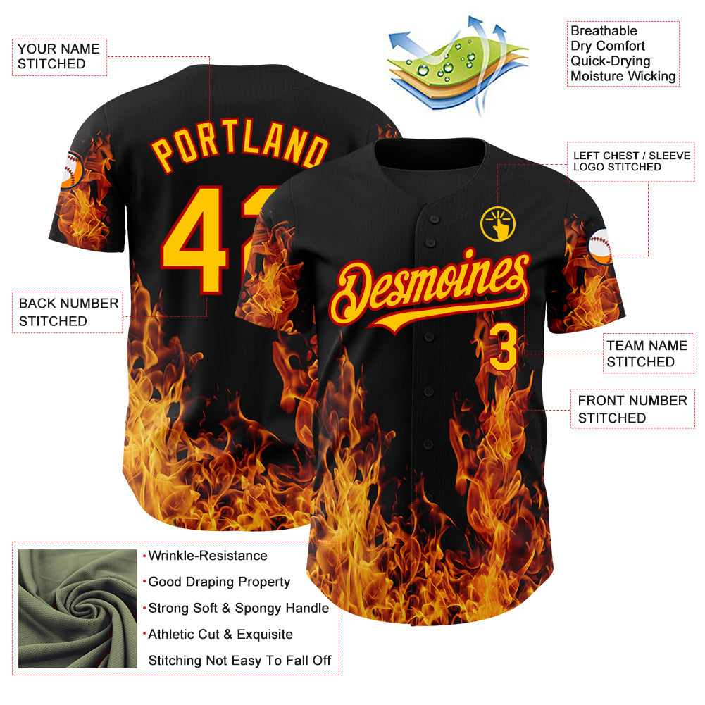 Custom Black Red-Yellow 3D Pattern Design Flame Authentic Baseball Jersey - Sky-Custom