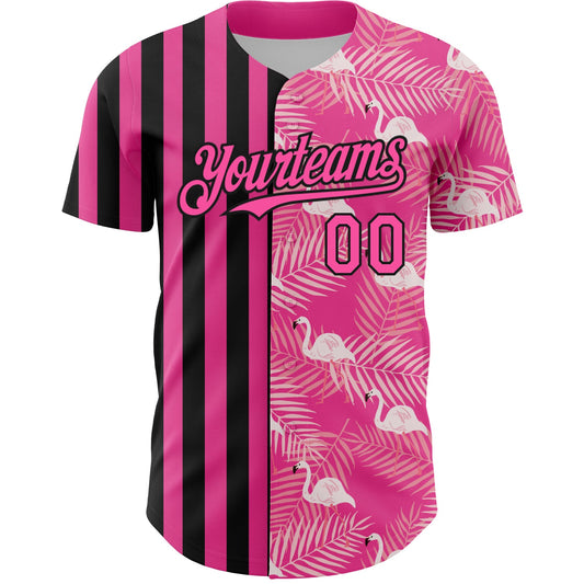 Custom Pink Black 3D Pattern Design Tropical Palm Leaves And Famingo Authentic Baseball Jersey - Sky-Custom