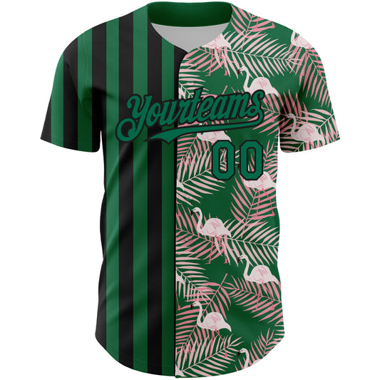 Custom Kelly Green Black 3D Pattern Design Tropical Palm Leaves And Famingo Authentic Baseball Jersey - Sky-Custom