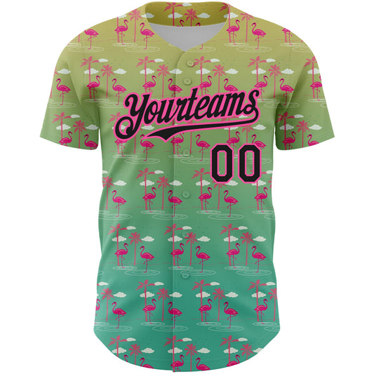 Custom Green Black-Pink 3D Pattern Design Tropical Hawaii Palm Trees And Flamingo Authentic Baseball Jersey - Sky-Custom