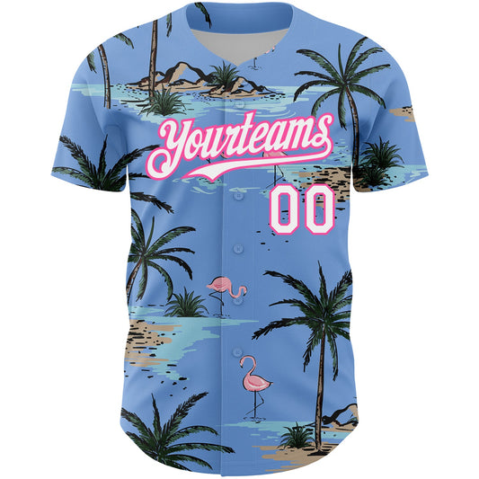 Custom Light Blue White-Pink 3D Pattern Design Tropical Hawaii Palm Trees Authentic Baseball Jersey - Sky-Custom