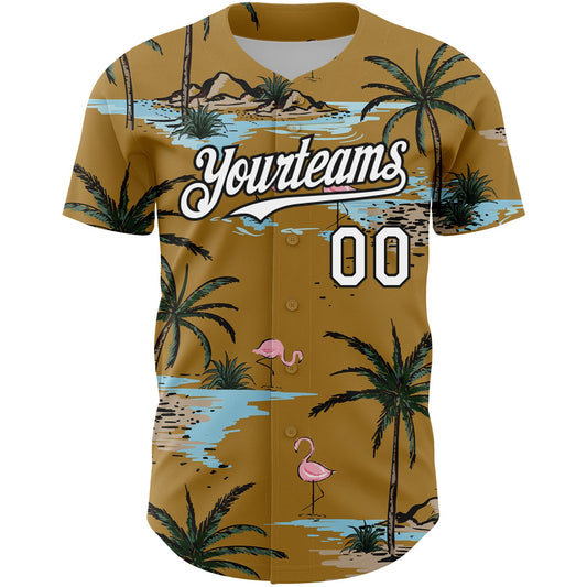 Custom Old Gold White-Black 3D Pattern Design Tropical Hawaii Palm Trees Authentic Baseball Jersey - Sky-Custom