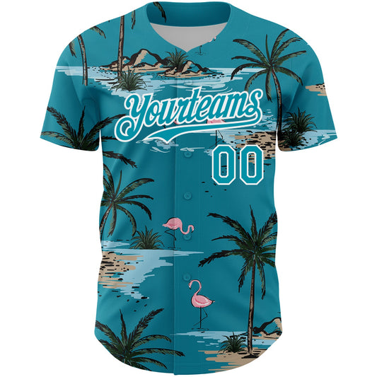 Custom Teal White 3D Pattern Design Tropical Hawaii Palm Trees Authentic Baseball Jersey - Sky-Custom