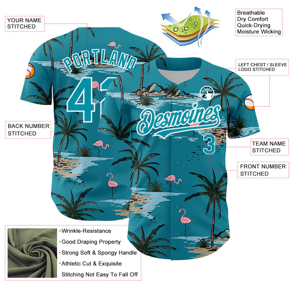 Custom Teal White 3D Pattern Design Tropical Hawaii Palm Trees Authentic Baseball Jersey - Sky-Custom