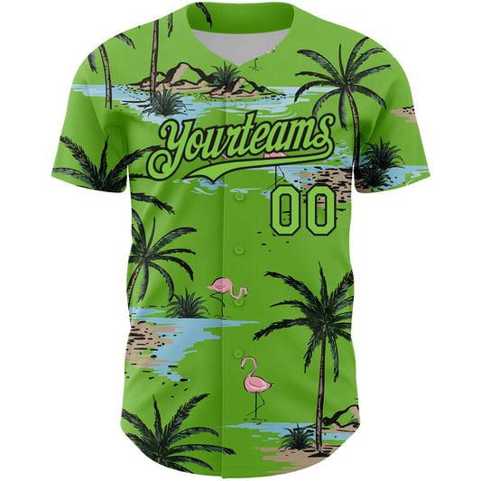 Custom Neon Green Black 3D Pattern Design Tropical Hawaii Palm Trees Authentic Baseball Jersey - Sky-Custom