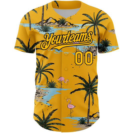 Custom Yellow Black 3D Pattern Design Tropical Hawaii Palm Trees Authentic Baseball Jersey - Sky-Custom