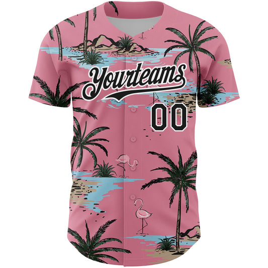 Custom Medium Pink Black-White 3D Pattern Design Tropical Hawaii Palm Trees Authentic Baseball Jersey - Sky-Custom