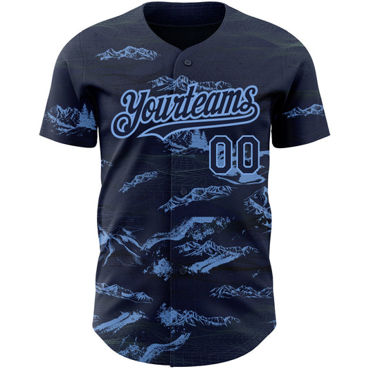 Custom Navy Light Blue 3D Pattern Design Mountain Authentic Baseball Jersey - Sky-Custom