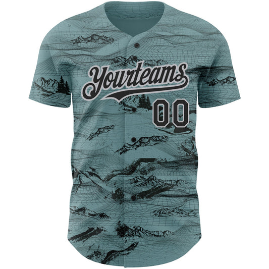 Custom Green Black Gray 3D Pattern Design Mountain Authentic Baseball Jersey - Sky-Custom