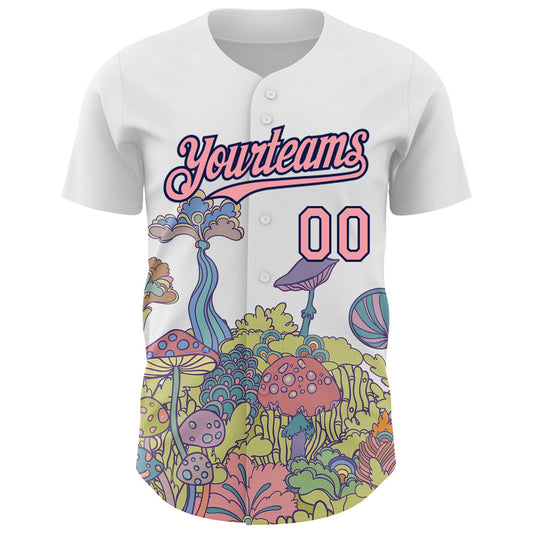 Custom White Medium Pink-Navy 3D Pattern Design Colorful Flowers And Mushrooms Psychedelic Hallucination Authentic Baseball Jersey - Sky-Custom