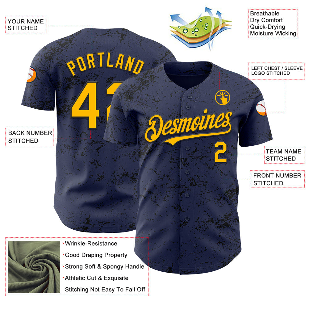 Custom Navy Gold-Black 3D Pattern Design Abstract Splatter Texture Authentic Baseball Jersey - Sky-Custom