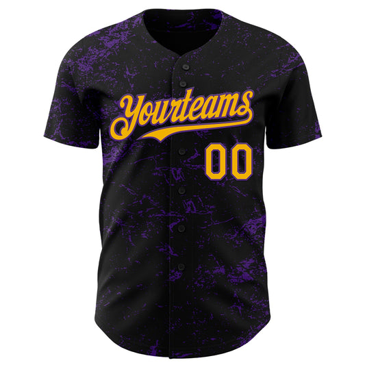 Custom Black Gold-Purple 3D Pattern Design Abstract Splatter Texture Authentic Baseball Jersey - Sky-Custom