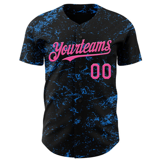 Custom Black Pink-Electric Blue 3D Pattern Design Abstract Splatter Texture Authentic Baseball Jersey - Sky-Custom