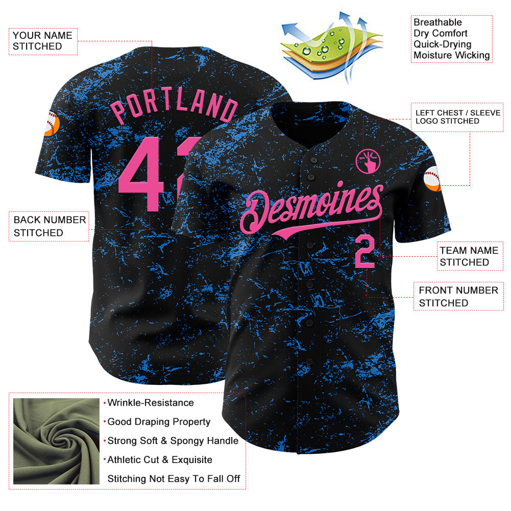 Custom Black Pink-Electric Blue 3D Pattern Design Abstract Splatter Texture Authentic Baseball Jersey - Sky-Custom