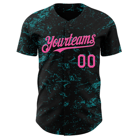 Custom Black Pink-Teal 3D Pattern Design Abstract Splatter Texture Authentic Baseball Jersey - Sky-Custom
