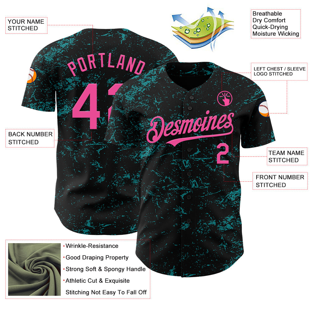 Custom Black Pink-Teal 3D Pattern Design Abstract Splatter Texture Authentic Baseball Jersey - Sky-Custom