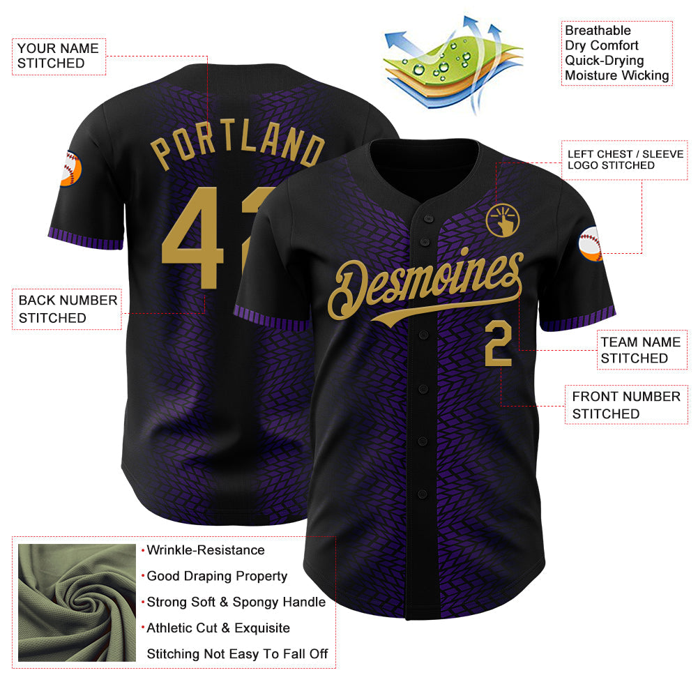 Custom Black Old Gold-Purple 3D Pattern Design Geometric Shapes Authentic Baseball Jersey - Sky-Custom