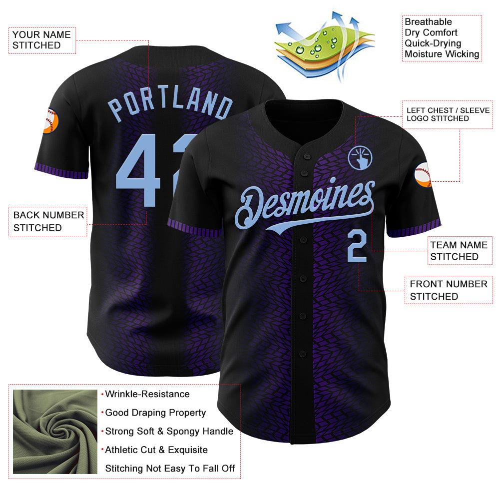 Custom Black Light Blue-Purple 3D Pattern Design Geometric Shapes Authentic Baseball Jersey - Sky-Custom
