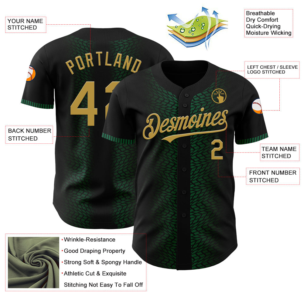 Custom Black Old Gold-Kelly Green 3D Pattern Design Geometric Shapes Authentic Baseball Jersey - Sky-Custom