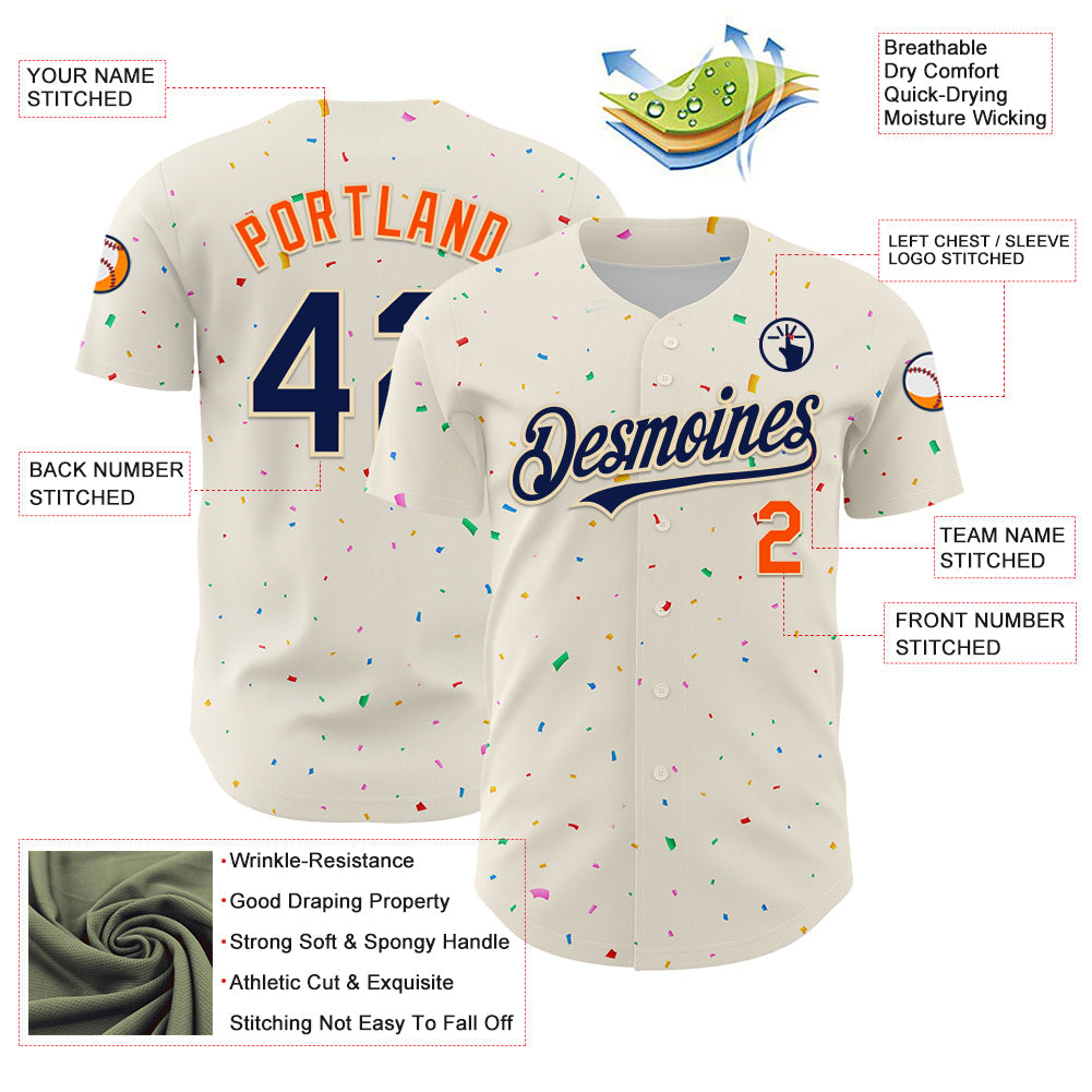 Custom Cream Navy-Orange 3D Pattern Design Confetti Authentic Baseball Jersey - Sky-Custom