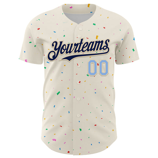 Custom Cream Navy-Light Blue 3D Pattern Design Confetti Authentic Baseball Jersey - Sky-Custom