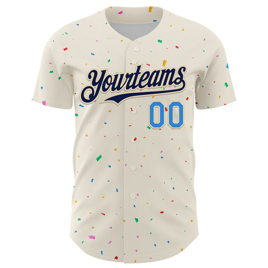 Custom Cream Navy-Electric Blue 3D Pattern Design Confetti Authentic Baseball Jersey - Sky-Custom