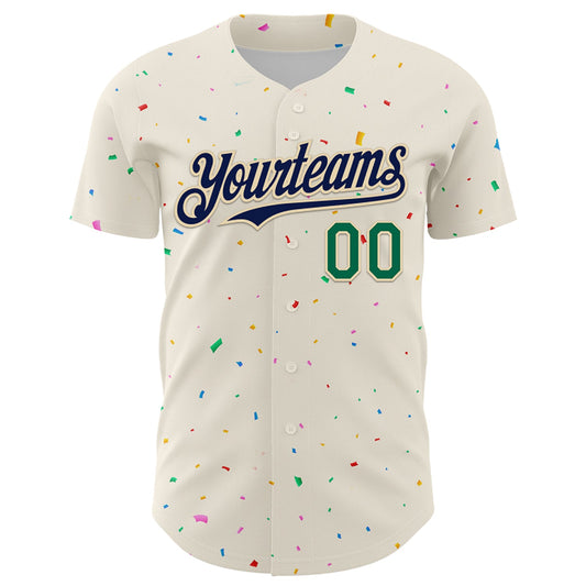 Custom Cream Navy-Kelly Green 3D Pattern Design Confetti Authentic Baseball Jersey - Sky-Custom