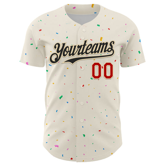 Custom Cream Black-Red 3D Pattern Design Confetti Authentic Baseball Jersey - Sky-Custom