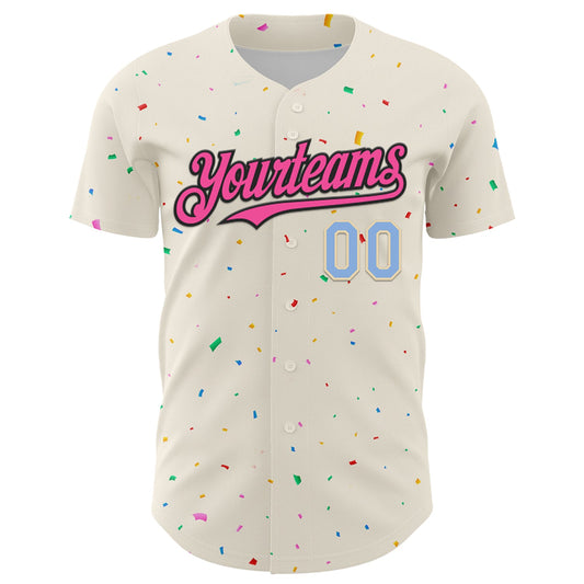 Custom Cream Pink Black-Light Blue 3D Pattern Design Confetti Authentic Baseball Jersey - Sky-Custom