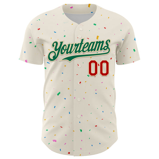 Custom Cream Kelly Green-Red 3D Pattern Design Confetti Authentic Baseball Jersey - Sky-Custom